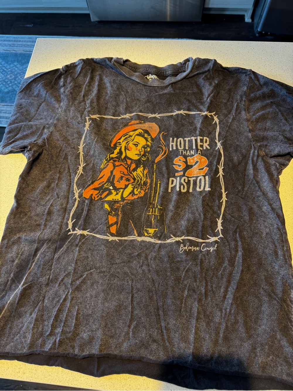 Graphic 'Hotter Than A $2 Pistol' Cowboy Tee - Charcoal with Orange/Yellow Print